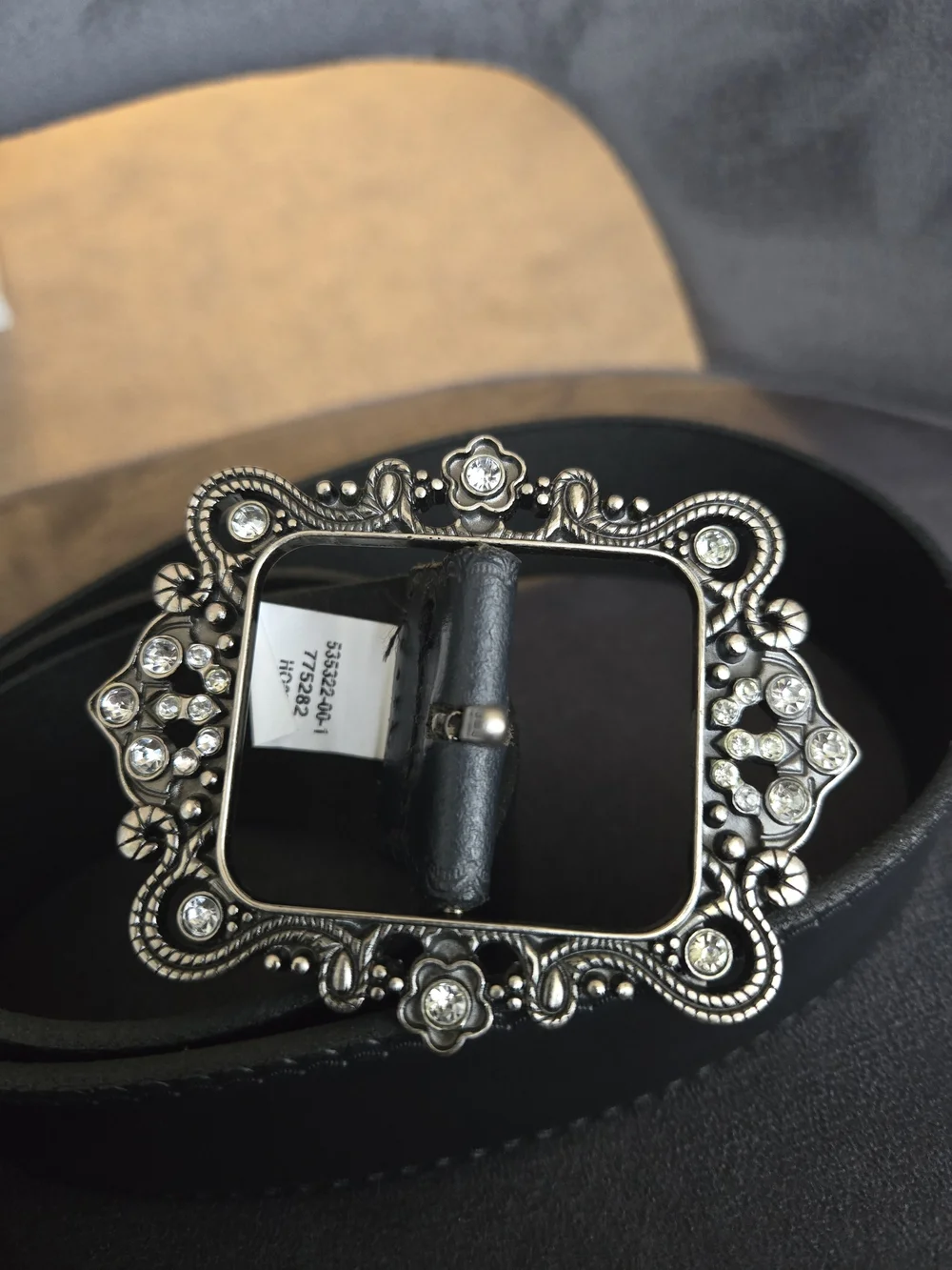 GAP Black Leather Belt with Ornate Silver-Tone Crystal Buckle